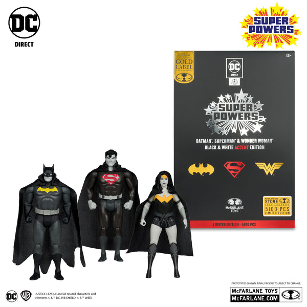 Paquete de 3 figuras con detalles en blanco y negro de Batman, Superman y Wonder Woman de DC Super Powers