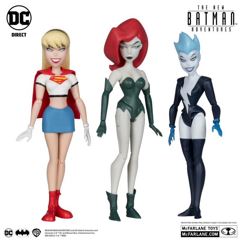 McFarlane Las nuevas aventuras de Batman Hiedra venenosa Live Wire Supergirl (Noche de chicas) Paquete de 3 Etiquetas doradas