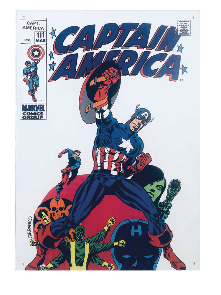 Letrero de metal de 16 x 12 pulgadas con el título Capitán América 111 de Marvel